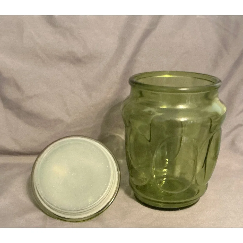 Vintage Green Glass Apothecary Canister Thumbprint Jar with Lid 8.25